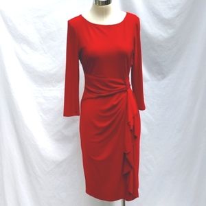 Red dress, long sleeve, round neck,  fitted and gathered at waist, sz M